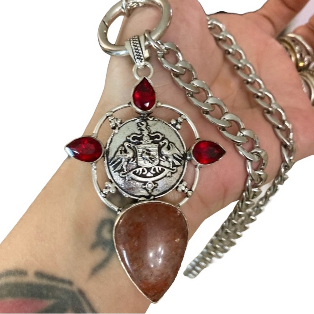 925 Sterling silver overlay orange brown agate & red garnet stones boho necklace - Picture 4 of 15